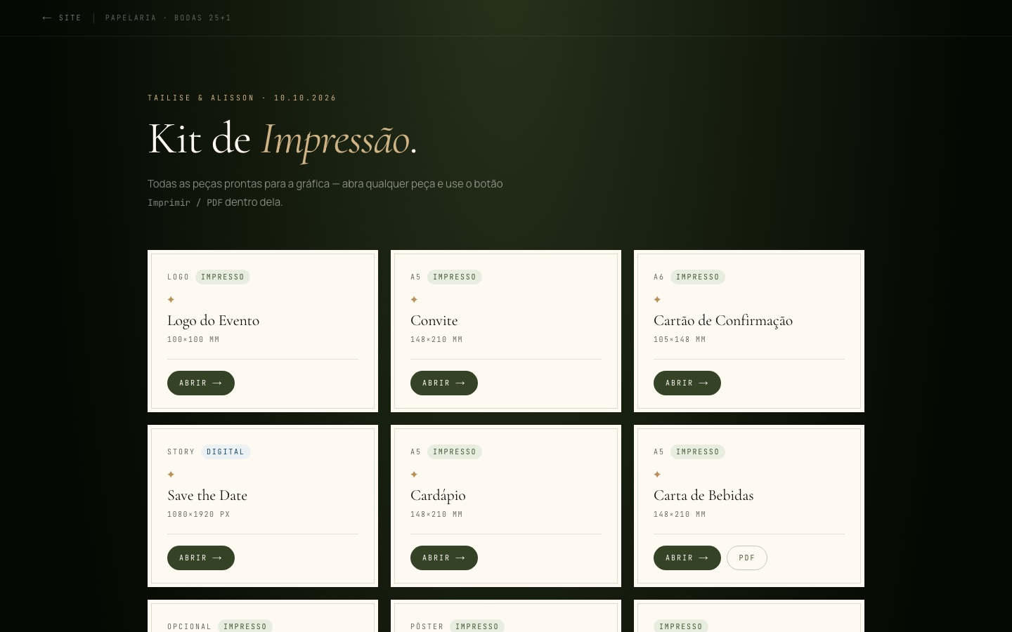 Kit de impressão com as peças de papelaria
